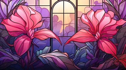 Stained glass window background with colorful Flower and Leaf abstract