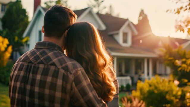 Couple embracing in front of their big modern house, rear view. Happy young family standing looking on their new property and hugging. Buying home of dream. Mortgage, home loan concept