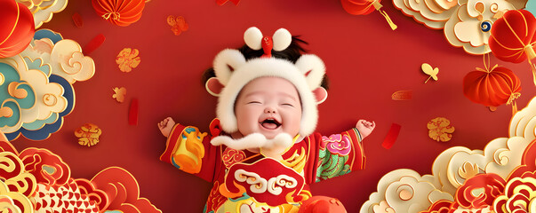 Obraz na płótnie Canvas Cute Asian baby in Chinese traditional dress. Happy Chinese new year concept.