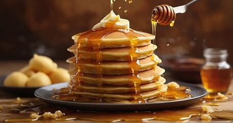 Create an image that highlights the tempting flow of honey cascading down a stack of perfectly cooked pancakes, emphasizing the glossy texture and warm tones. - Generative AI - obrazy, fototapety, plakaty