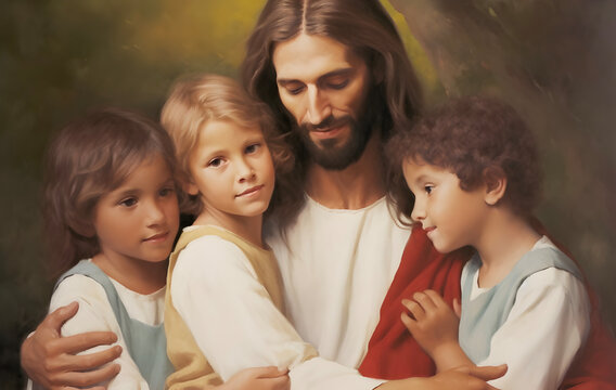Oil painting of Jesus hugging children