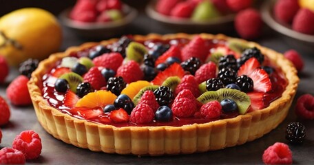 Concentrate on the glossy finish of a freshly glazed fruit tart, bringing out the vibrant colors of the assorted fruits and the delicate shine of the glaze. - Generative AI