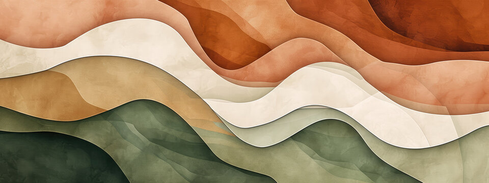 Vintage style abstract wave background with a mix of olive green, terracotta and cream