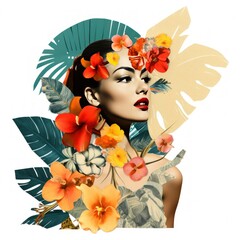 Contemporary art modern collage. Female face, flowers and jungle leaves. Concept of beauty woman. 8 March. International Happy Women's Day.