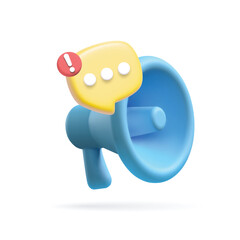 Realistic 3d megaphone icon. 3d vector render loudspeaker in blue. Symbol of feedback, chatting or comment. Vector illustration