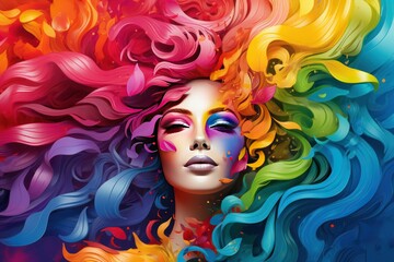 Happy Women's day portrait like a colorful bird, super bright hair feathers texture, fashion 1980s. Portrait of a girl with feathers. Expressive look. International 8 March illustration