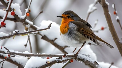 Winter Robin Perched Among Snowy Branches