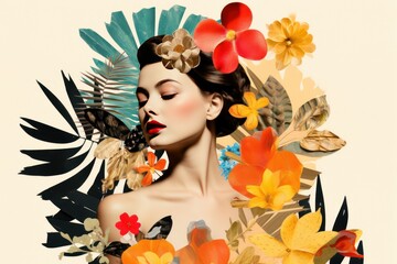 Contemporary art modern collage. Female face, flowers and jungle leaves. Concept of beauty woman. 8 March. International Happy Women's Day.