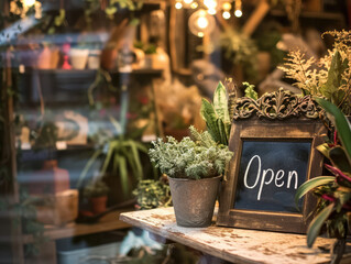 'Open' sign on a chalkboard amidst a charming outdoor garden shop with plants and sunshine.