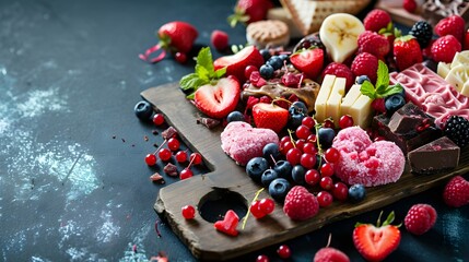 Valentine charcuterie. Sweets, candies and berries on a wooden board 