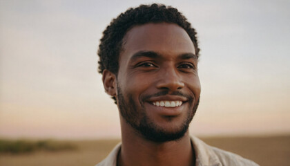 Black Man with Curly Hair and Beard, Smiling in a Headshot - 20s Male