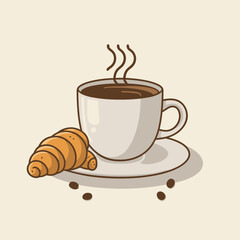 Vector illustration. Cartoon croissant and cup of coffee