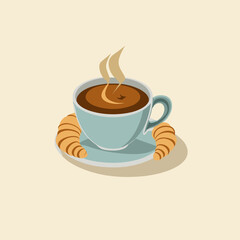 Vector illustration. Cartoon croissant and cup of coffee