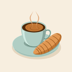 Vector illustration. Cartoon croissant and cup of coffee