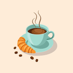 Vector illustration. Cartoon croissant and cup of coffee