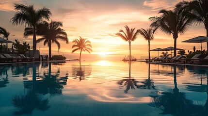 Fototapeta premium Swimming pool at luxury hotel resort with palm trees and sunset.