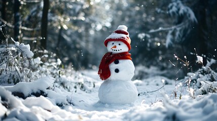 Naklejka na ściany i meble beautiful snowman in snowy forest. Winter landscape.