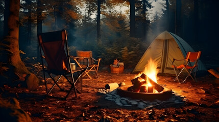 Bonfire along with burning firewood and camping tent in forest