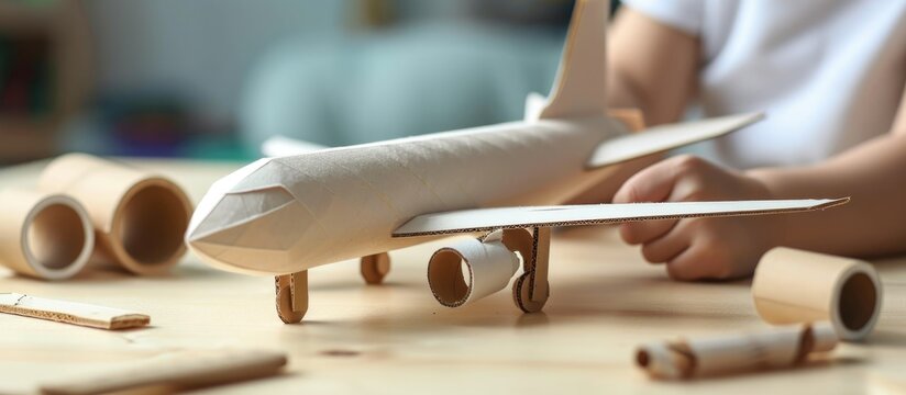 Creating an airplane toy with zero waste materials, such as toilet paper rolls and popsicle sticks, through modeling. In step 21, assemble all aircraft components. DIY project for children, ideal for