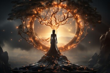 girl standing under a majestic tree with glowing branches forming a circle around the sun against a dark sunset sky. Concept: fantasy tree of life, esoteric, game character
 - obrazy, fototapety, plakaty