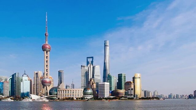 Shanghai lujiazui huangpu bund skyline in a clear day with blue sky.