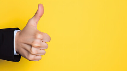 A close-up of a person in a suit giving a thumbs up. Perfect for business and success concepts, corporate presentations, positive feedback, and professional achievements imagery.