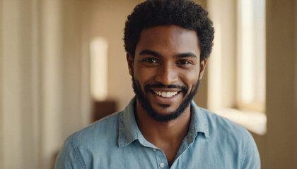 Black Man with Big Smile, Short Curly Hair and Blue Jeans in Headshot