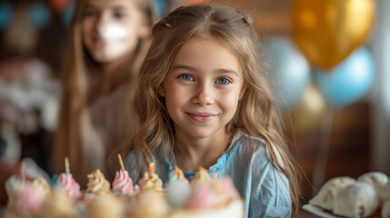Blond beautiful little girl with blue eyes with her friends is celebrating her birthday with cake and candles. Selective focus. Happy childhood concept.