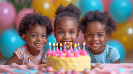 Beautiful small black girl with her friends is celebrating her birthday. Cake with candles. Balloons. Happy childhood concept. Selective focus