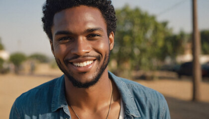 Black Man with Big Smile, Curly Hair and Subtle Makeup in Jeans - Young Portrait in Soft Light