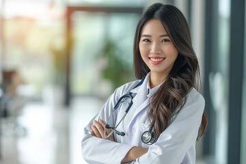Portrait of Asian beautiful woman doctor in white medical gown with stethoscope standing in hospital