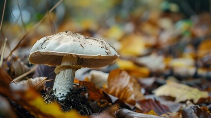 mushroom on a mossy forest floor with leaf litters. 