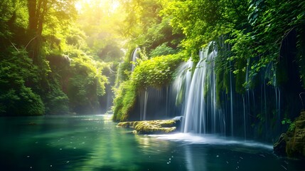 Lush Waterfall Oasis, Greenery Surrounding Waterfall, Refreshing Water Flow Amidst Foliage, Harmony of Green and Flowing Waters