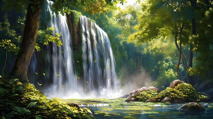 Fototapeta premium Lush Waterfall Oasis, Greenery Surrounding Waterfall, Refreshing Water Flow Amidst Foliage, Harmony of Green and Flowing Waters