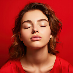 Serenely closed eyes of a young woman on a red background. Beautiful portrait with brown hair radiating tranquility and confidence. ai generative