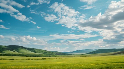 landscape green meadow with hills and blue sky with clouds