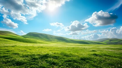 landscape green meadow with hills and blue sky with clouds