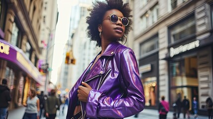 A woman in a glossy eggplant purple leather jacket on a city shopping spree, her style bold and...