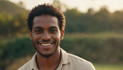 Black Man in Tan Shirt Smiling Outdoors with Curly Hair and Subtle Makeup