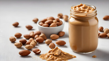 Peanut butter jar and heap of nuts on white background