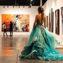 A woman in a turquoise evening gown at an art gallery opening, her dress a piece of art itself 
