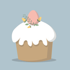 Easter cake with decorated eggs and flowers. Colorful flat vector illustration.