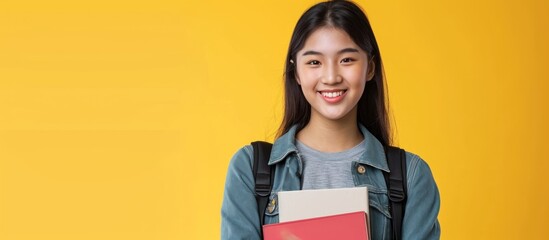 Asian college student posing against yellow studio backdrop with books and backpack, conveying education theme. - obrazy, fototapety, plakaty