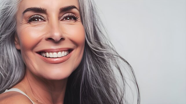 Gorgeous aging happy woman with long gray hair, glowing healthy skin close-up. Advertising of cosmetics, perfumes