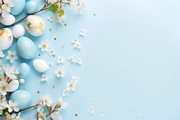 Blue delicate background, with Easter decor, place for an inscription, eggs, flowering branches
