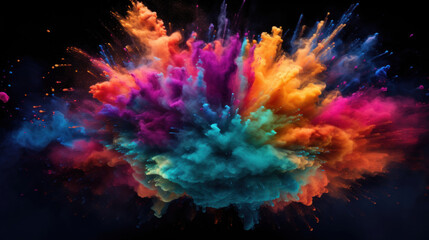 A dynamic explosion of colored powder creates a vibrant, energetic cloud of dust and particles.
