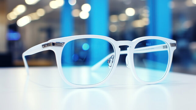 Stylish white framed eyeglasses with clear lenses showcased on a reflective surface against a blurred blue store interior.