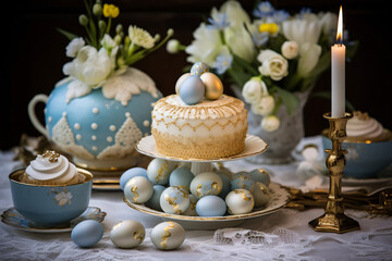 Festive table setting for Easter, gold and blue