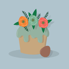 Easter cake with decorated eggs and flowers. Colorful flat vector illustration.