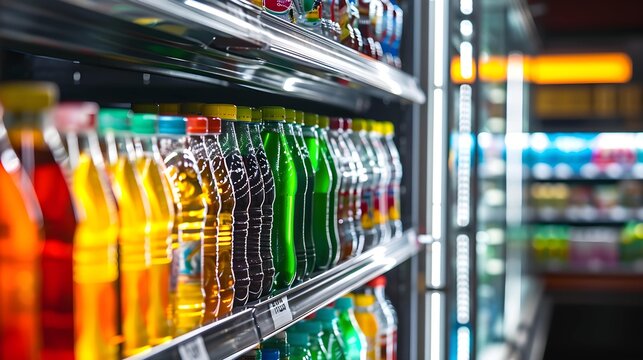 Fresh drinks in the supermarket fridge